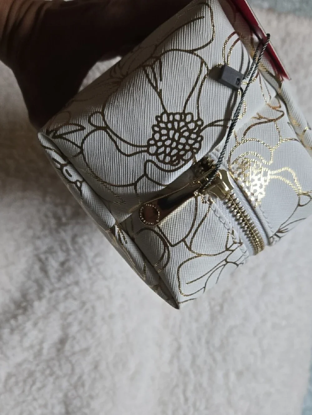 Vince Camuto White Cosmetic Bag with Gold Floral Accents